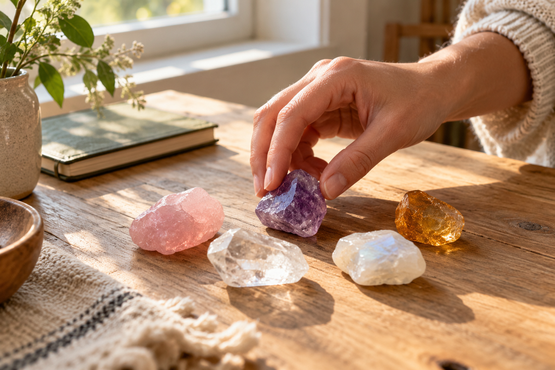 Une main choisit une améthyste parmi plusieurs pierres naturelles posées sur une table en bois, dans une lumière douce.