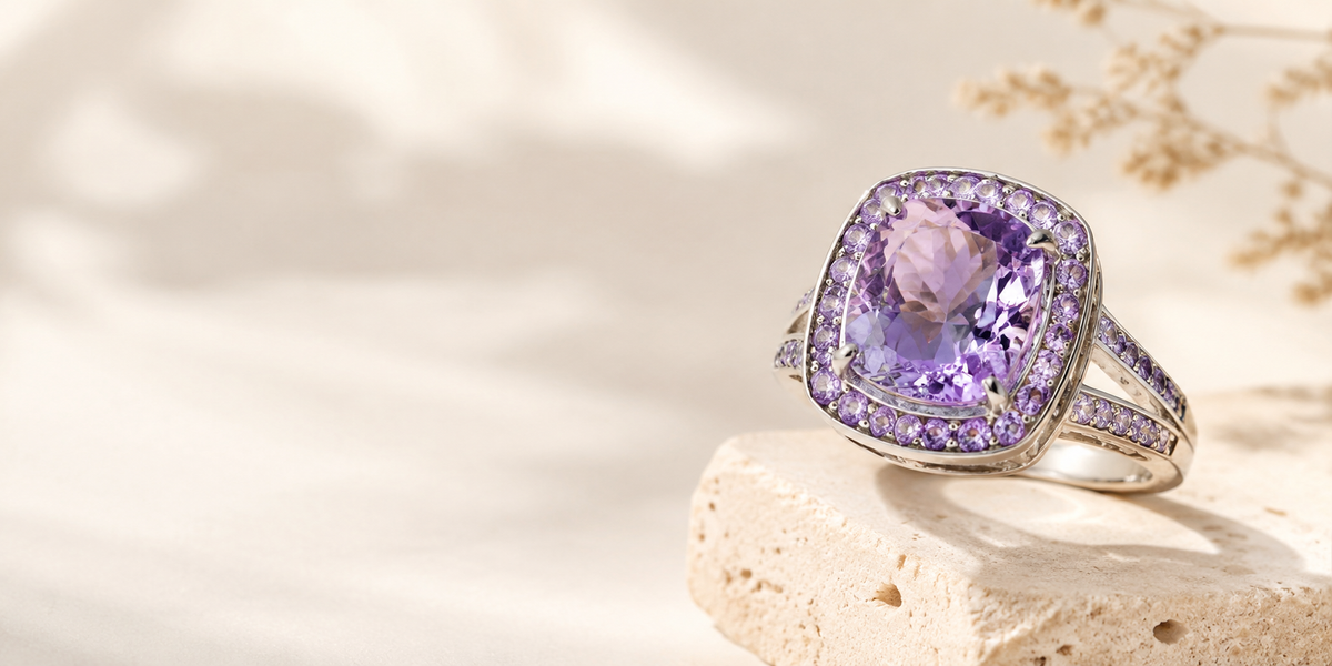 Bague en argent ornée d’une améthyste dans un décor ivoire