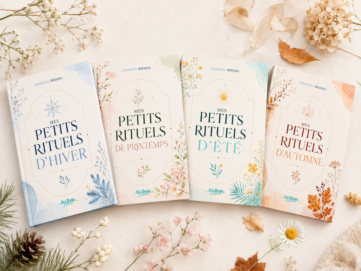 Les quatre livres Mes Petits Rituels présentés dans une ambiance naturelle