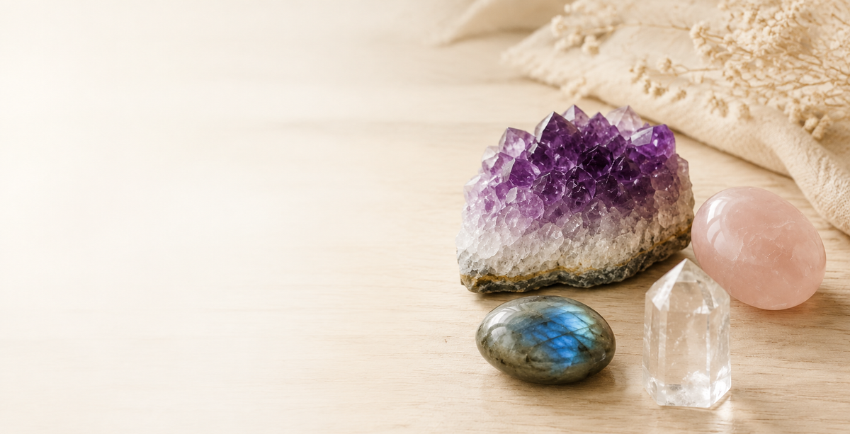 Améthyste, quartz rose, labradorite et cristal dans un décor naturel