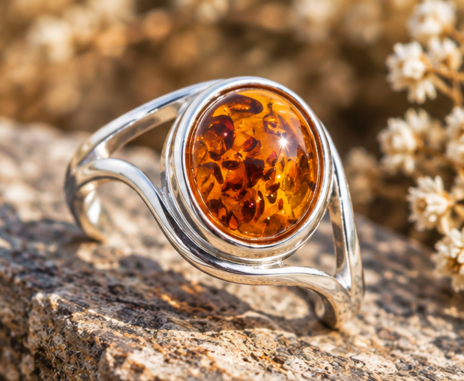 Bague en ambre ovale et argent massif 925 posée sur une pierre en extérieur
