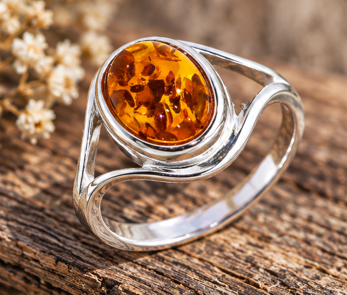 Bague en ambre ovale et argent massif 925 posée sur du bois