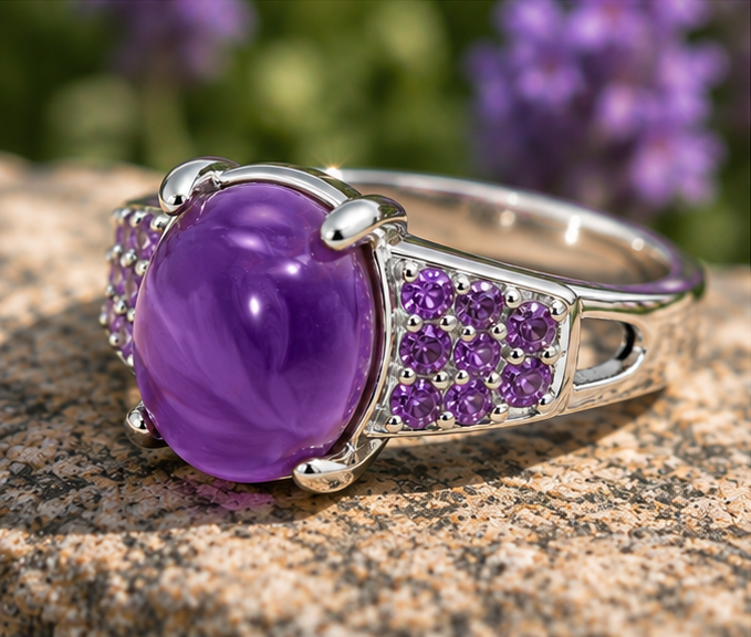Bague améthyste cabochon en argent massif 925, vue de profil en extérieur