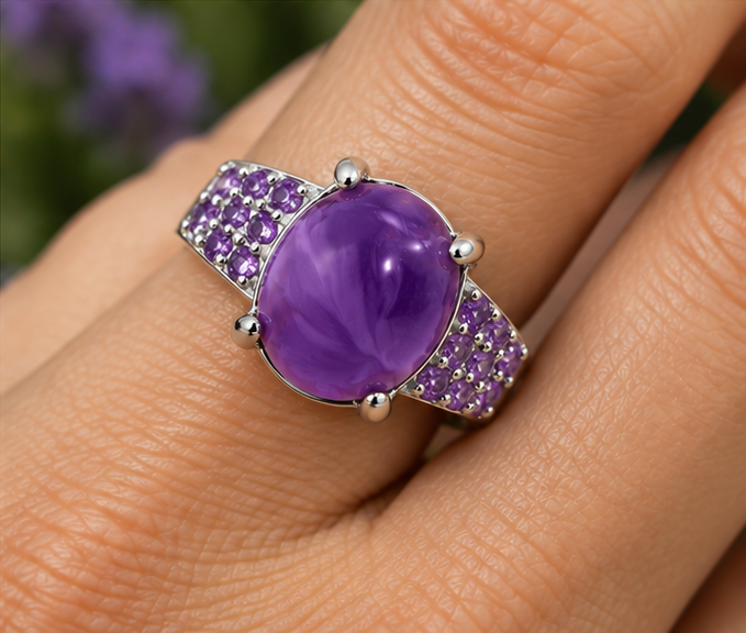 Bague améthyste cabochon en argent massif 925 portée à la main