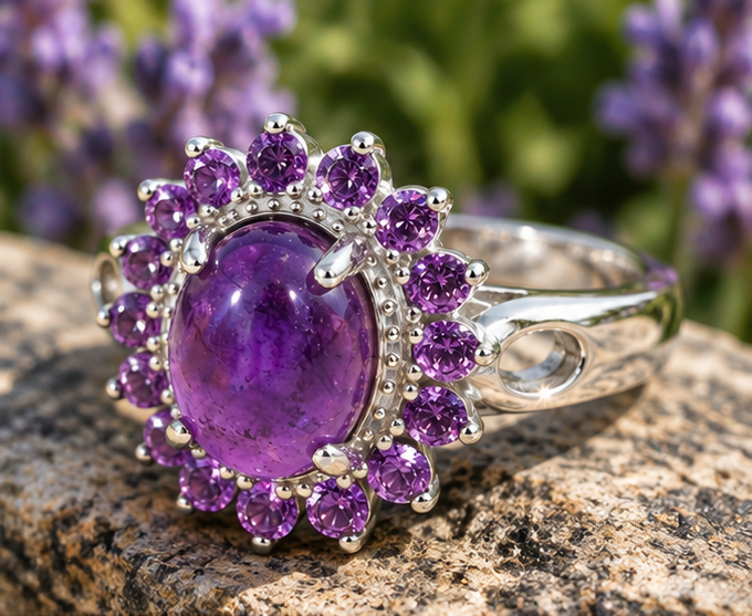 Bague améthyste ovale et entourage violet posée sur une pierre en extérieur