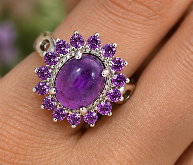 Bague améthyste ovale et entourage violet portée à la main