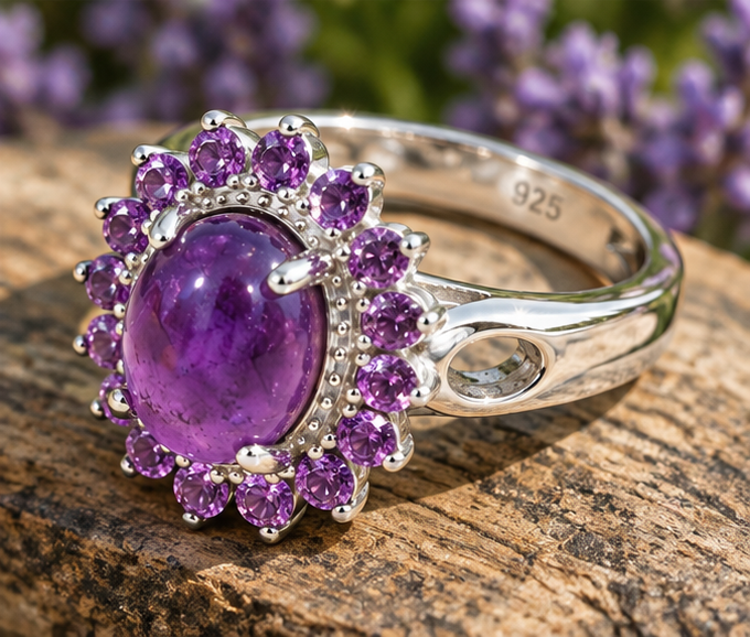 Bague améthyste ovale et entourage violet, vue de profil en extérieur