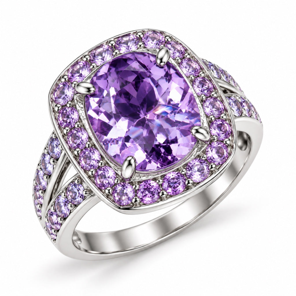 Bague améthyste Rose de France et tanzanite, vue de trois quarts