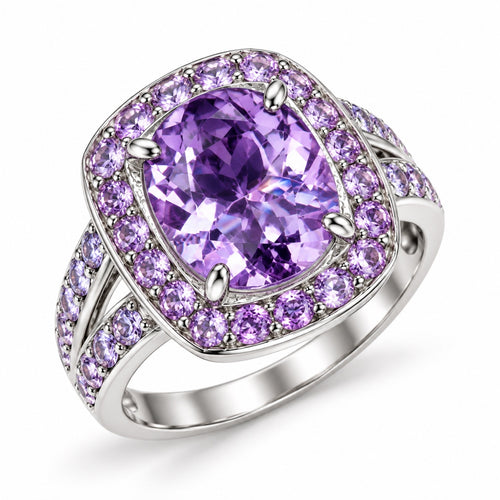 Bague améthyste Rose de France et tanzanite, vue de trois quarts