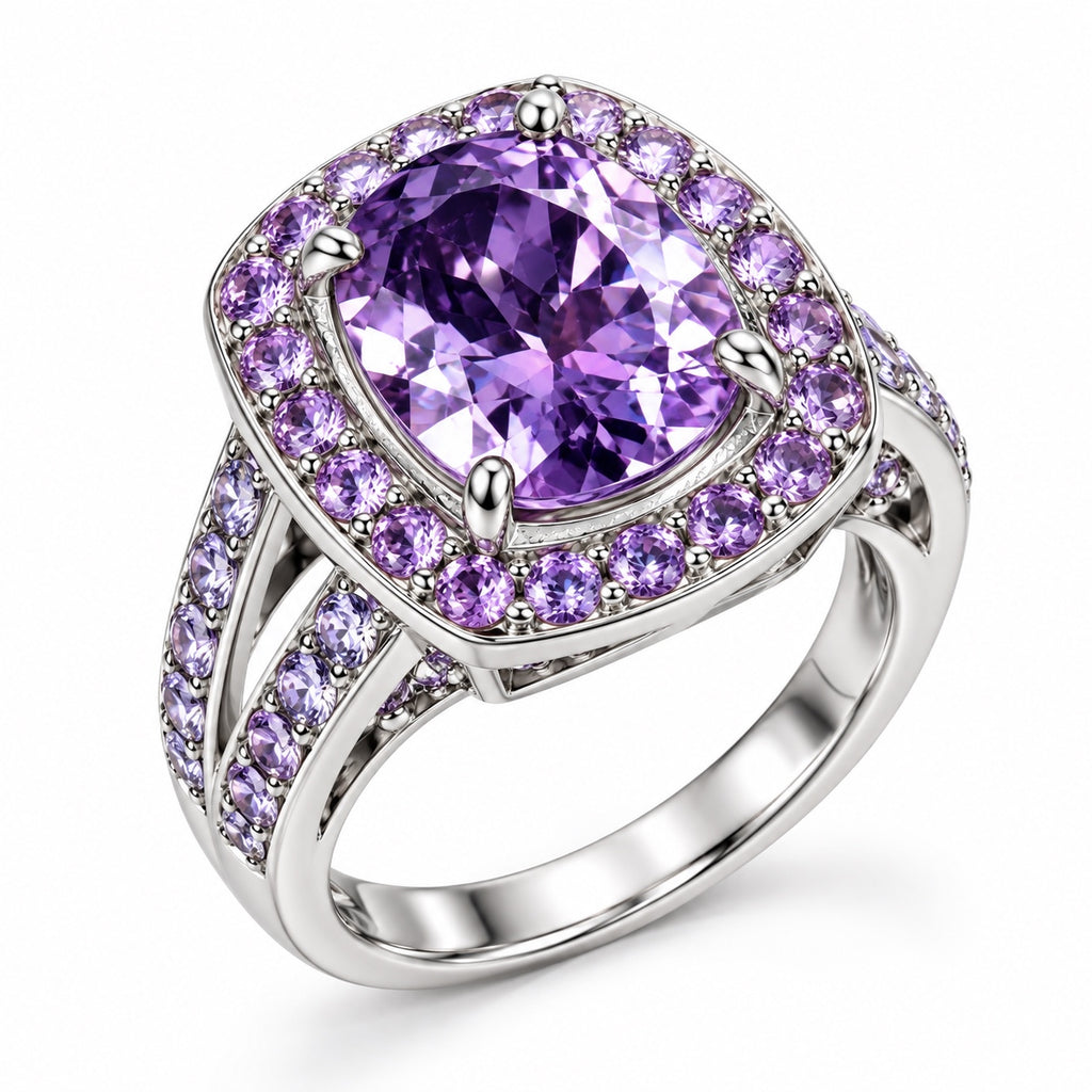 Détail de la monture en argent 925 de la bague améthyste et tanzanite
