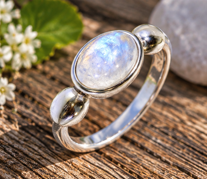 Bague pierre de lune ovale et argent 925 — mise en situation sur bois