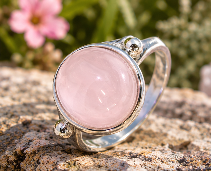 Bague quartz rose ovale et deux billes en argent massif 925 posée sur une pierre
