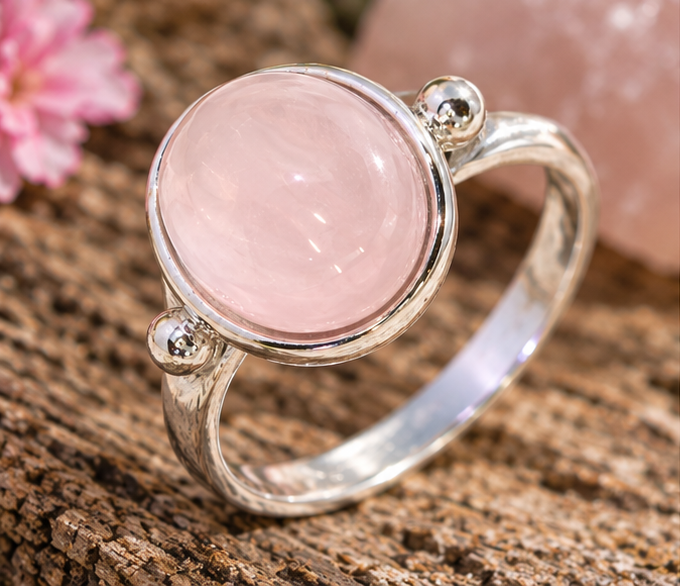Bague quartz rose ovale et deux billes en argent massif 925 posée sur du bois