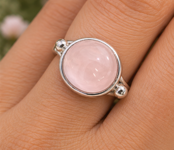 Bague quartz rose ovale et deux billes en argent massif 925 portée à la main