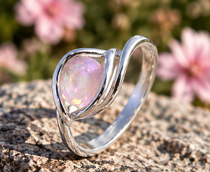 Bague en quartz rose facetté et argent 925 — mise en situation sur pierre