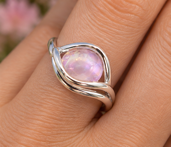 Bague en quartz rose facetté et argent 925 — mise en situation portée