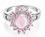 Bague quartz rose et kunzites en argent massif 925, vue de face sur fond blanc