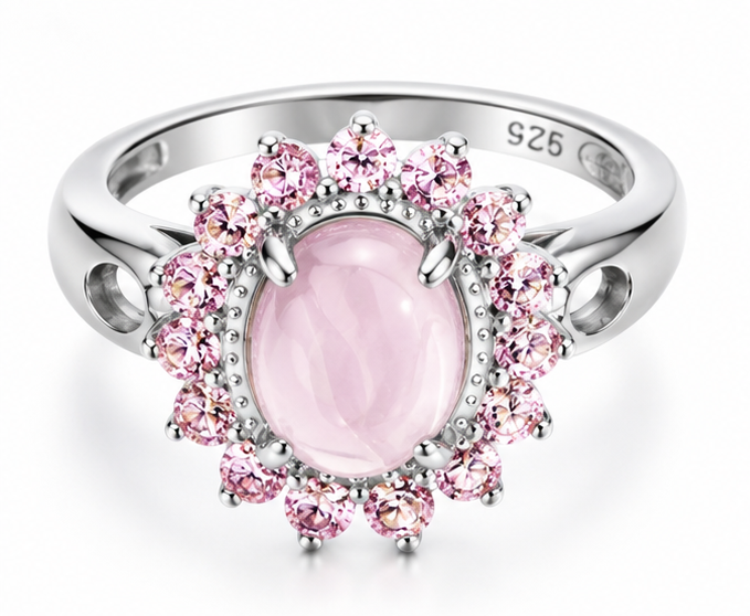 Bague quartz rose et kunzites en argent massif 925, vue de face sur fond blanc