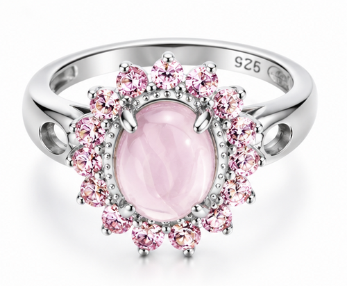 Bague quartz rose et kunzites en argent massif 925, vue de face sur fond blanc