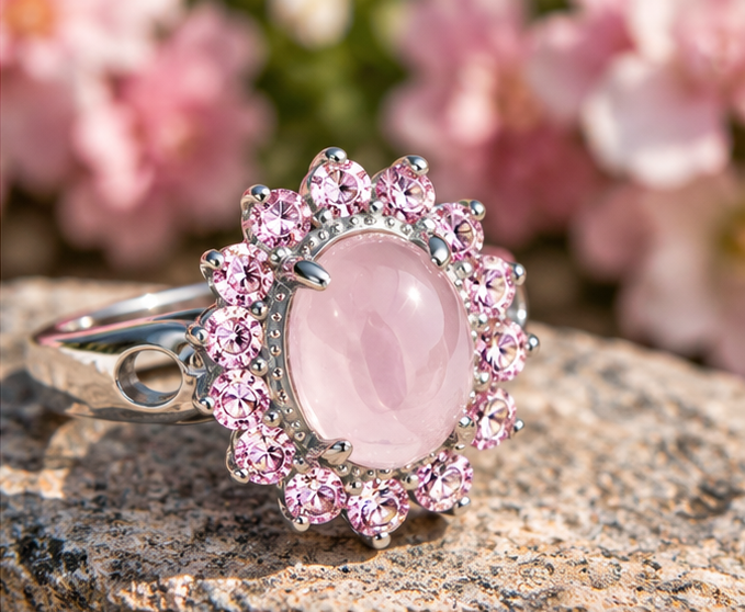 Bague quartz rose et kunzites en argent massif 925 posée sur une pierre