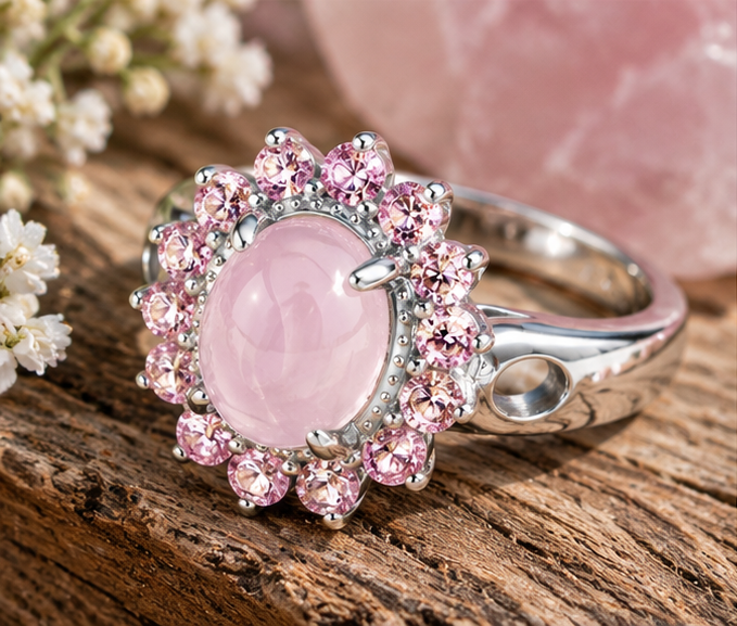 Bague quartz rose et kunzites en argent massif 925 sur du bois, vue de profil