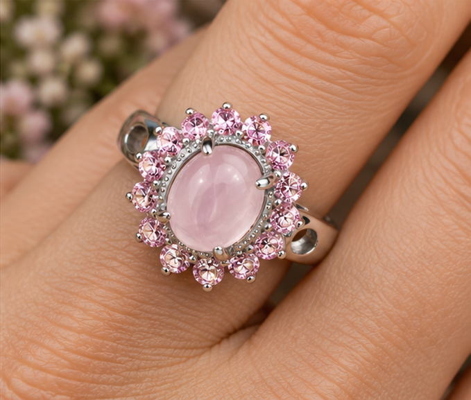 Bague quartz rose et kunzites en argent massif 925 portée à la main