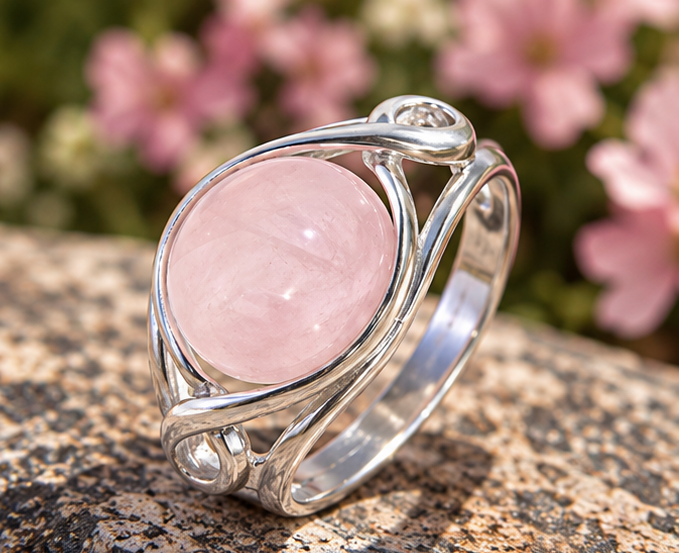 Bague quartz rose et volutes en argent massif 925 posée sur une pierre
