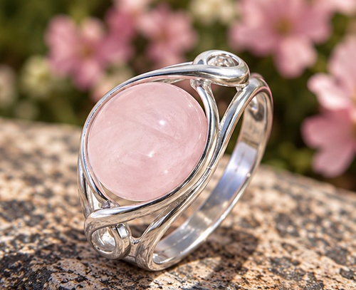 Bague quartz rose et volutes en argent massif 925 posée sur une pierre