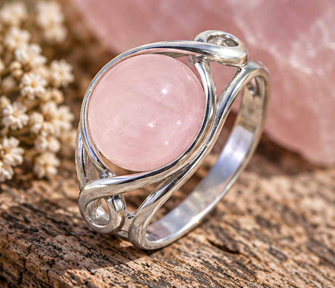 Bague quartz rose et volutes en argent massif 925 posée sur du bois