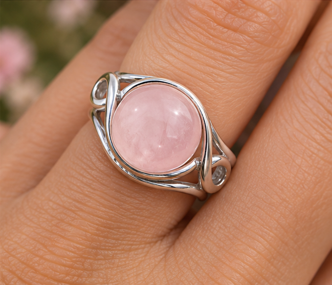 Bague quartz rose et volutes en argent massif 925 portée à la main